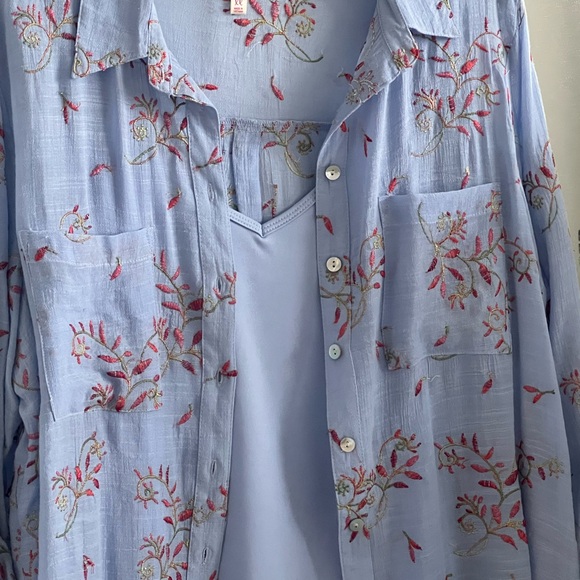Fig and Flower Blue Button Down Shirt with Peter Pan Collar - Picture 3 of 10